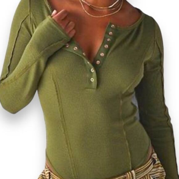 Free People Olive Green Sloane Long Sleeve Henley Style Bodysuit Sz M - Picture 1 of 13